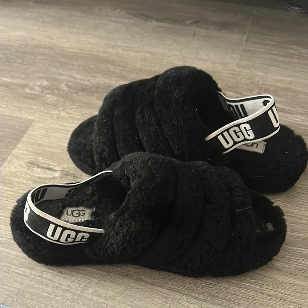 UGG Kids Black Fluffy Slippers